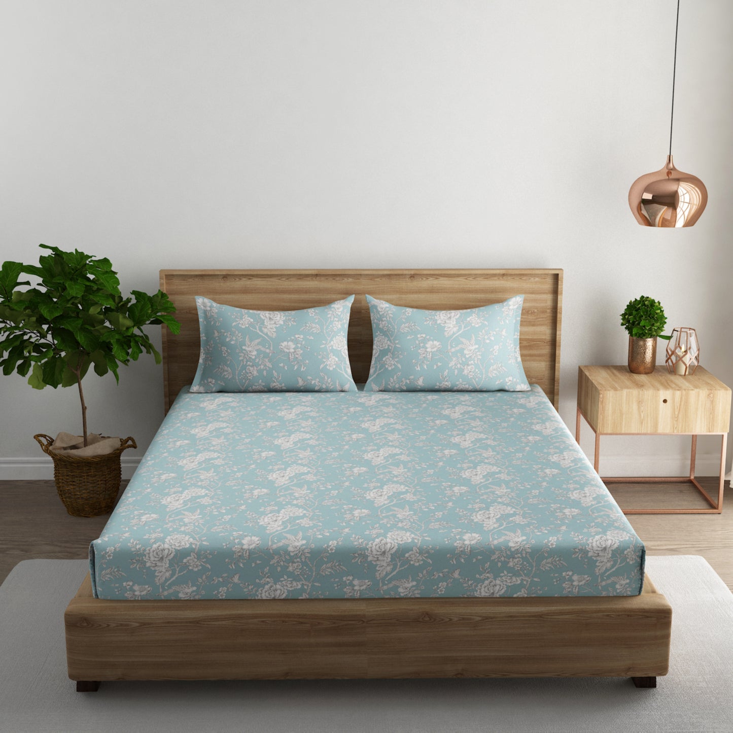 SKY BLUE FLORAL BEDSHEET (100X100) with 2 pillow cover