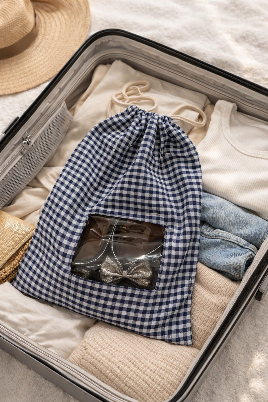 blue checks shoe bag