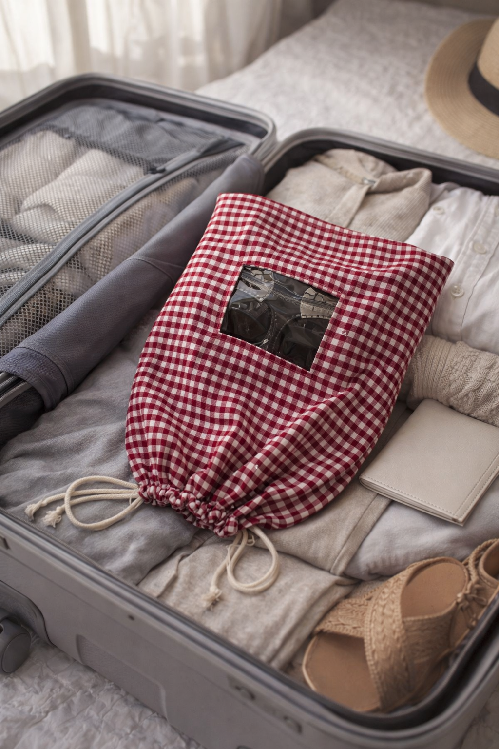 Red checks shoe bag