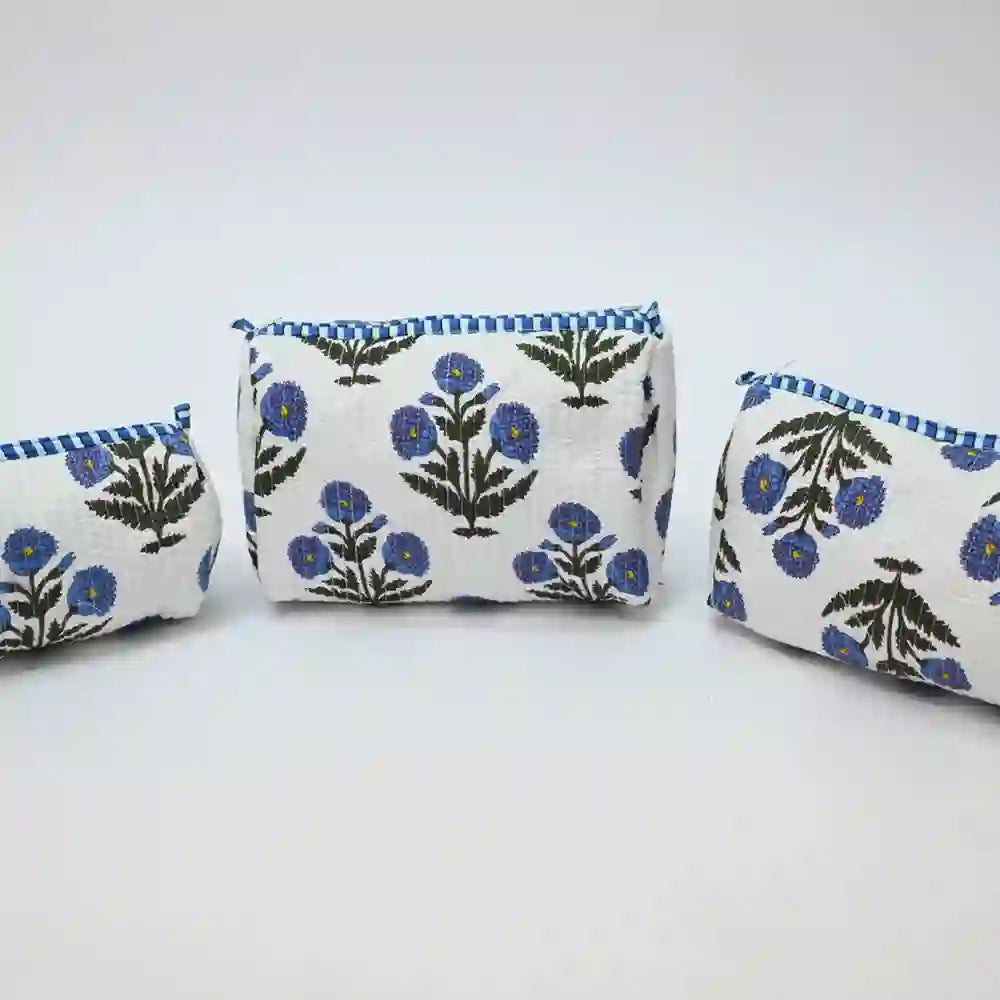 Indigo Bloom handblock quilted travel pouch (Set of 3)