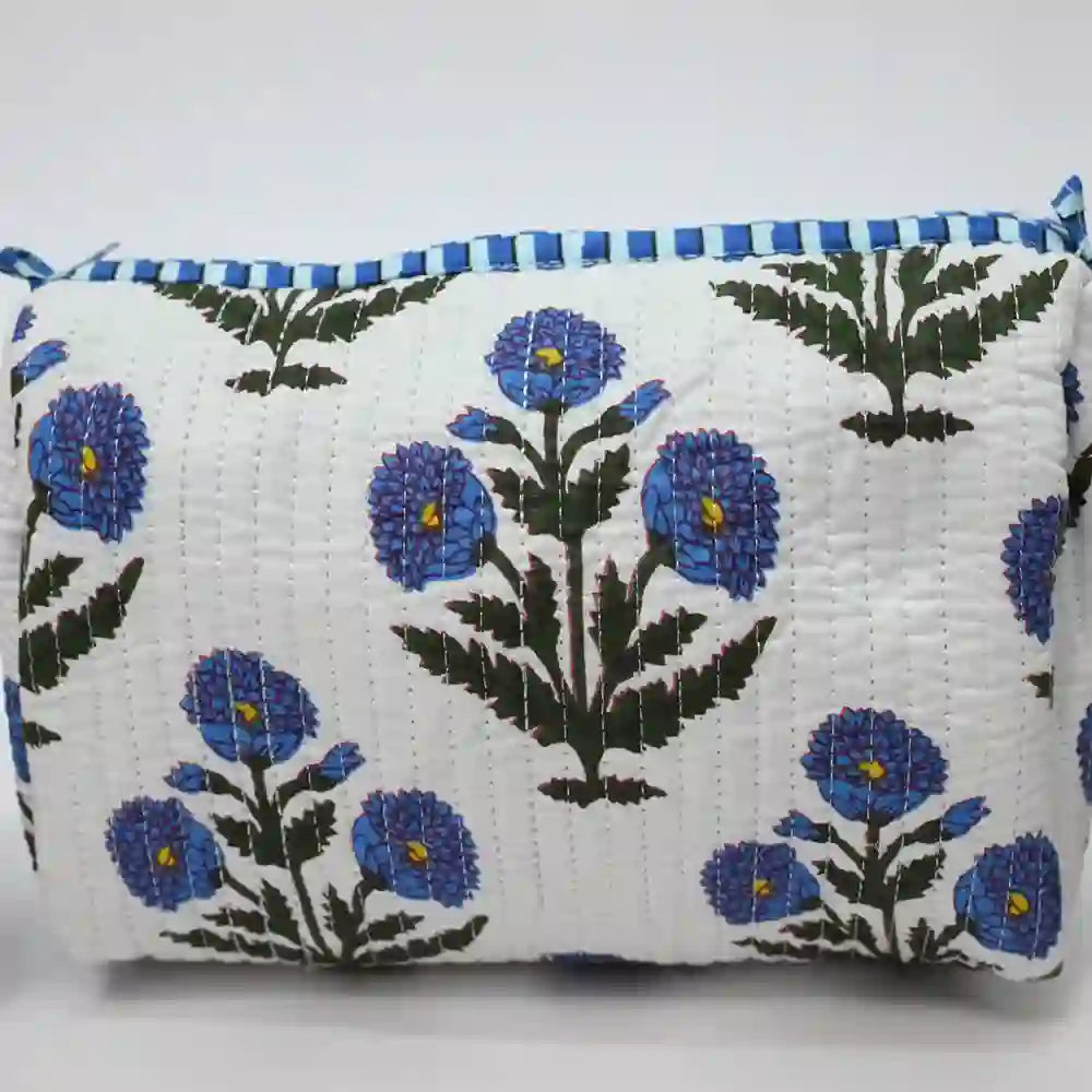 Indigo Bloom handblock quilted travel pouch (Set of 3)