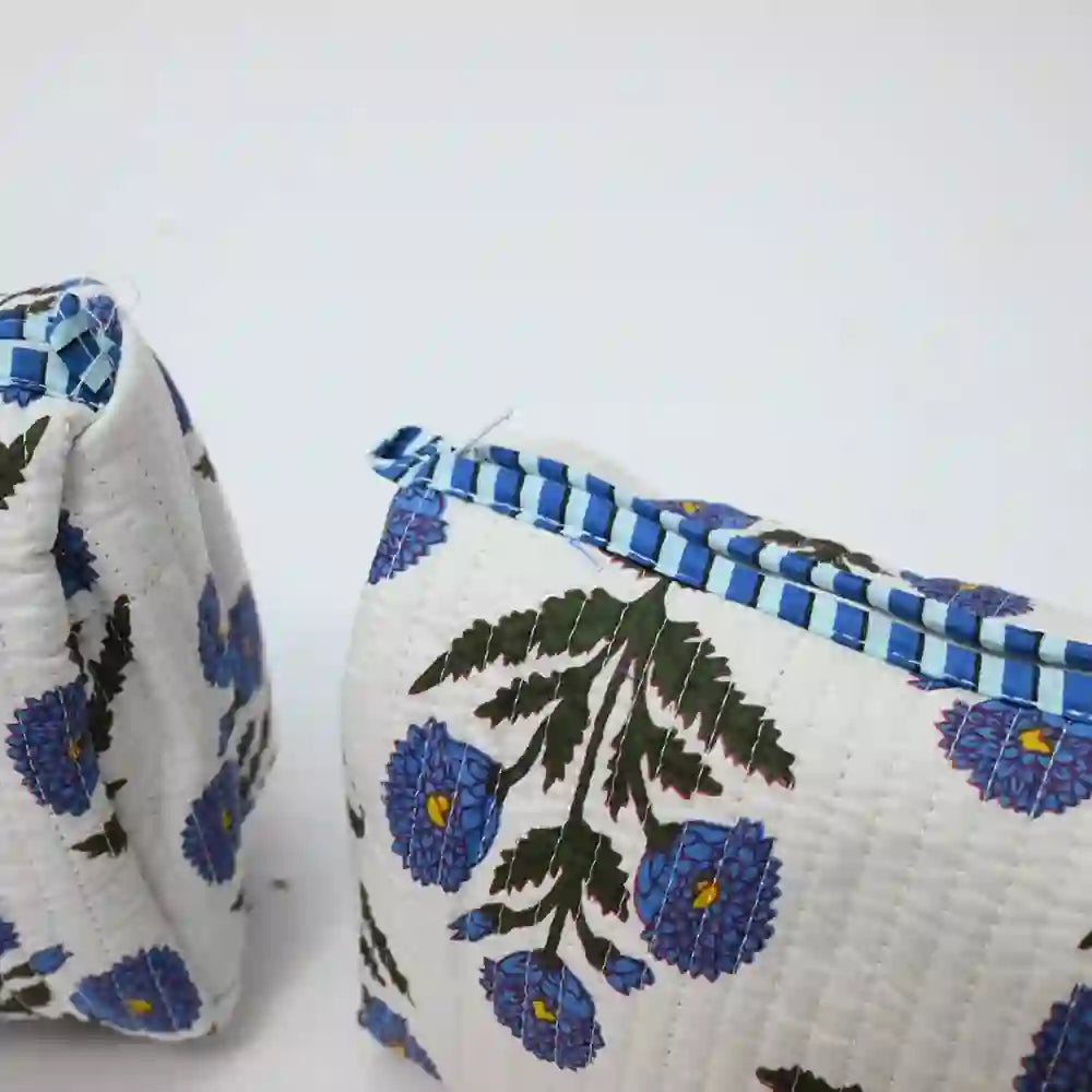 Indigo Bloom handblock quilted travel pouch (Set of 3)