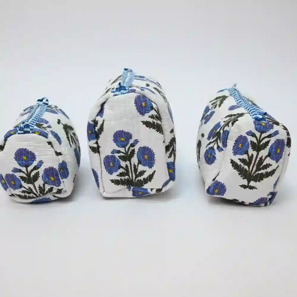Indigo Bloom handblock quilted travel pouch (Set of 3)