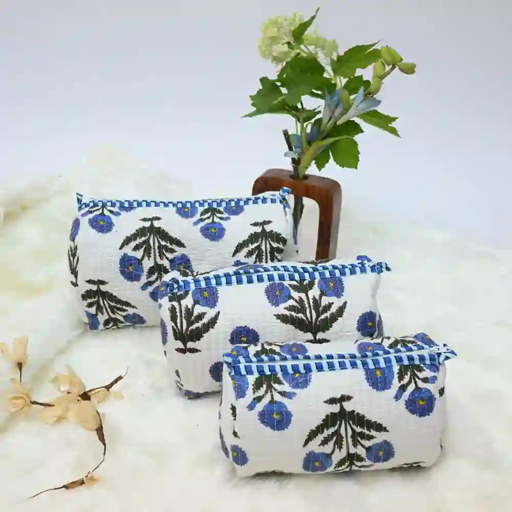 Indigo Bloom handblock quilted travel pouch (Set of 3)