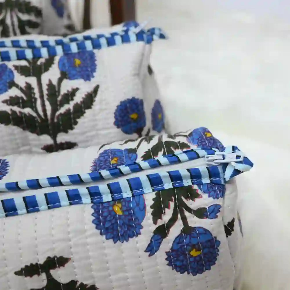 Indigo Bloom handblock quilted travel pouch (Set of 3)