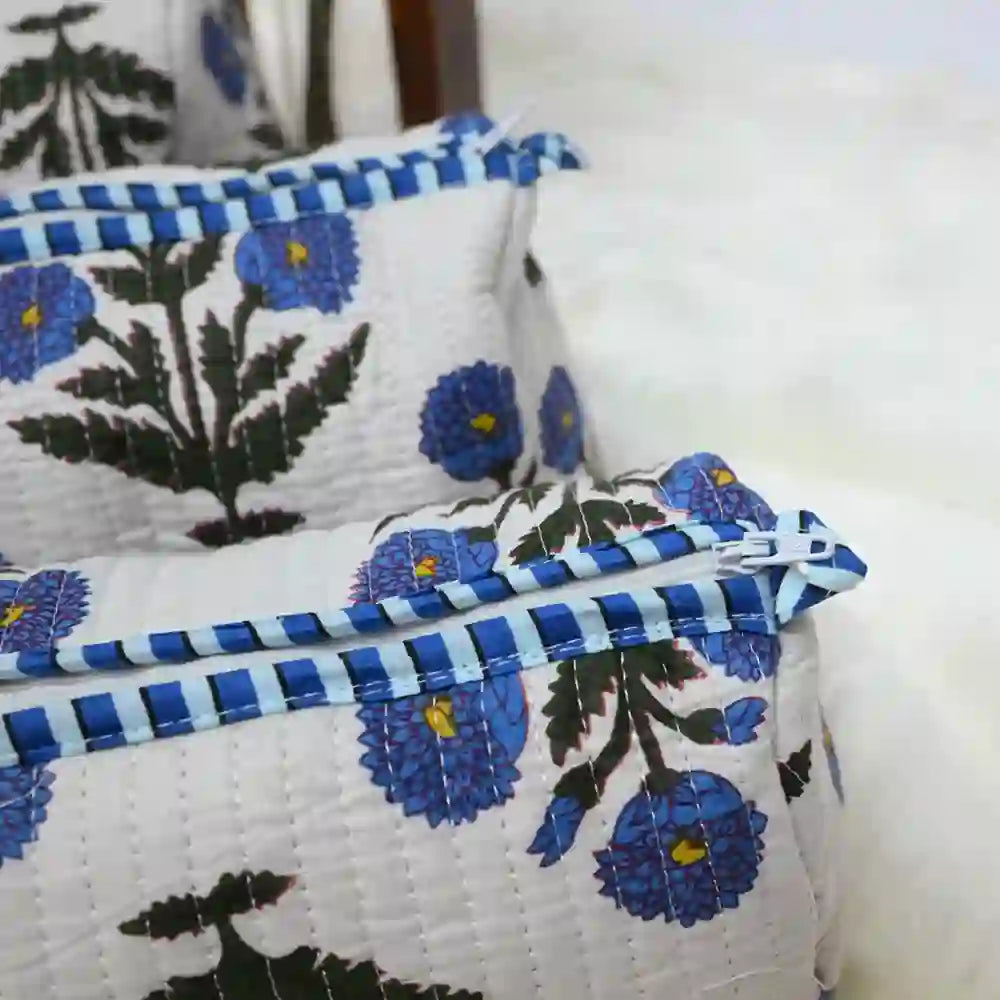 Indigo Bloom handblock quilted travel pouch (Set of 3)