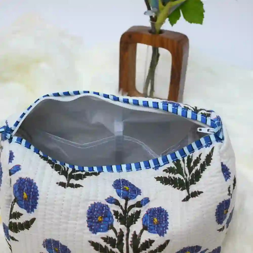 Indigo Bloom handblock quilted travel pouch (Set of 3)