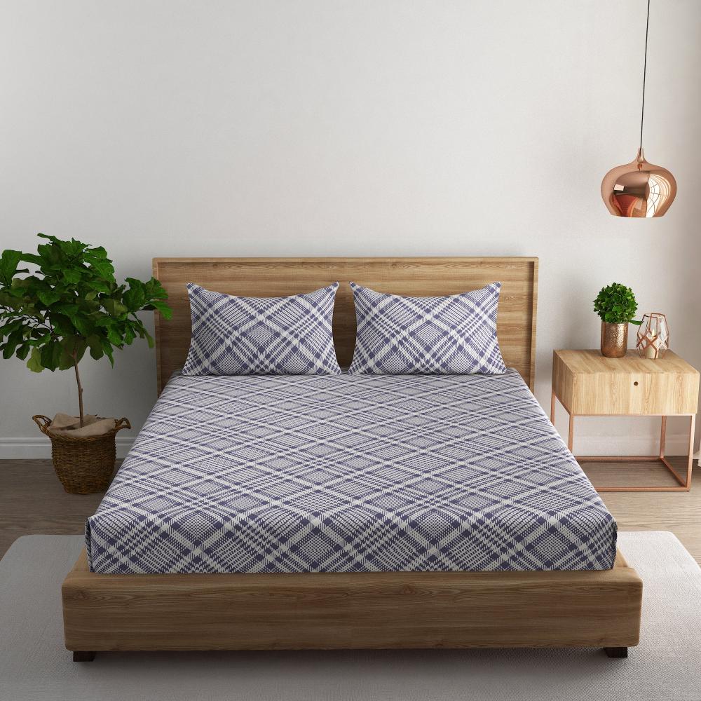 Tartan check cotton super king bedsheet with pillow covers