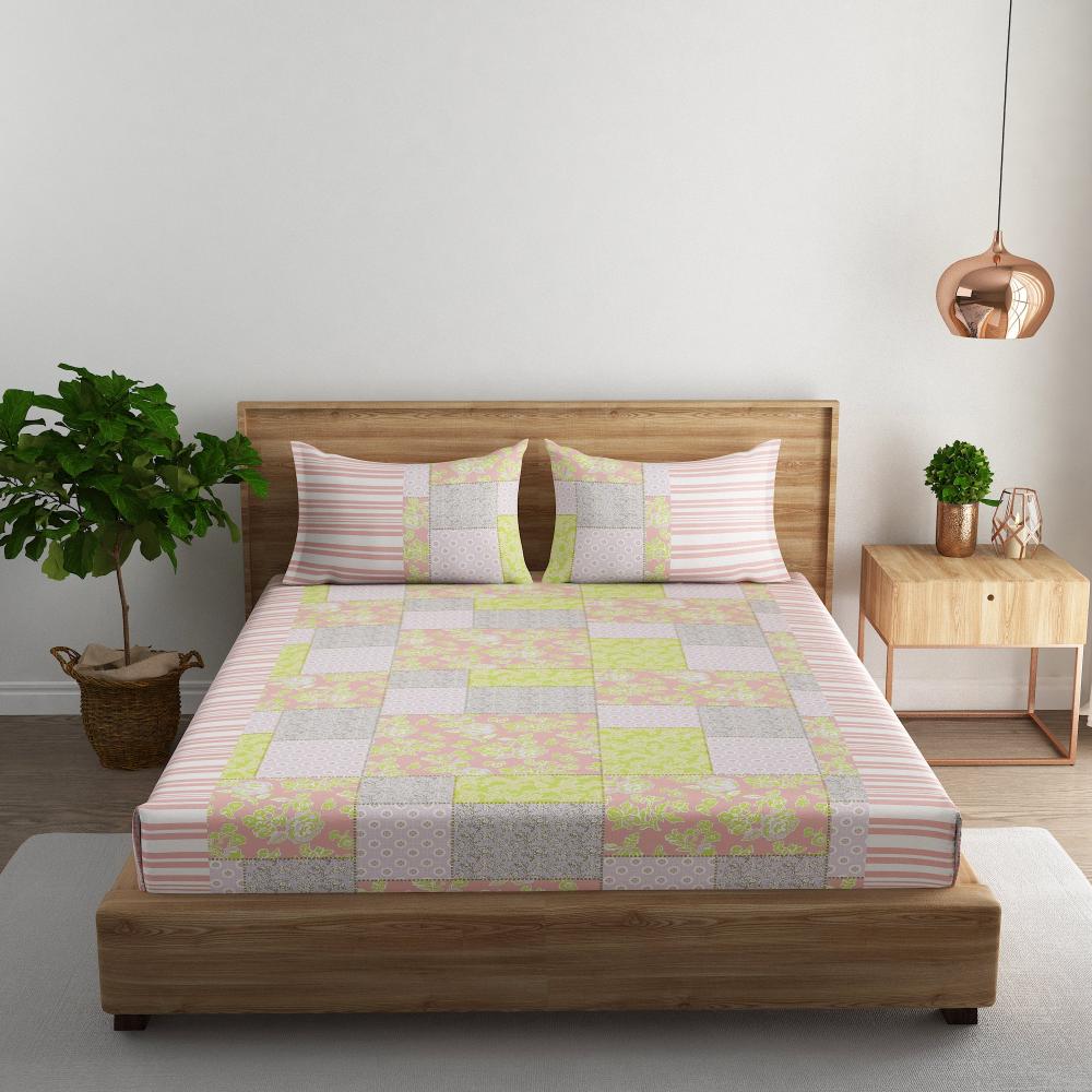 Floral patchwork cotton king bedsheet with pillow covers