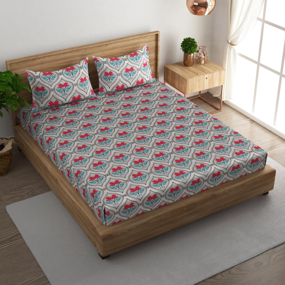 Floral damask cotton super king bedsheet with pillow covers