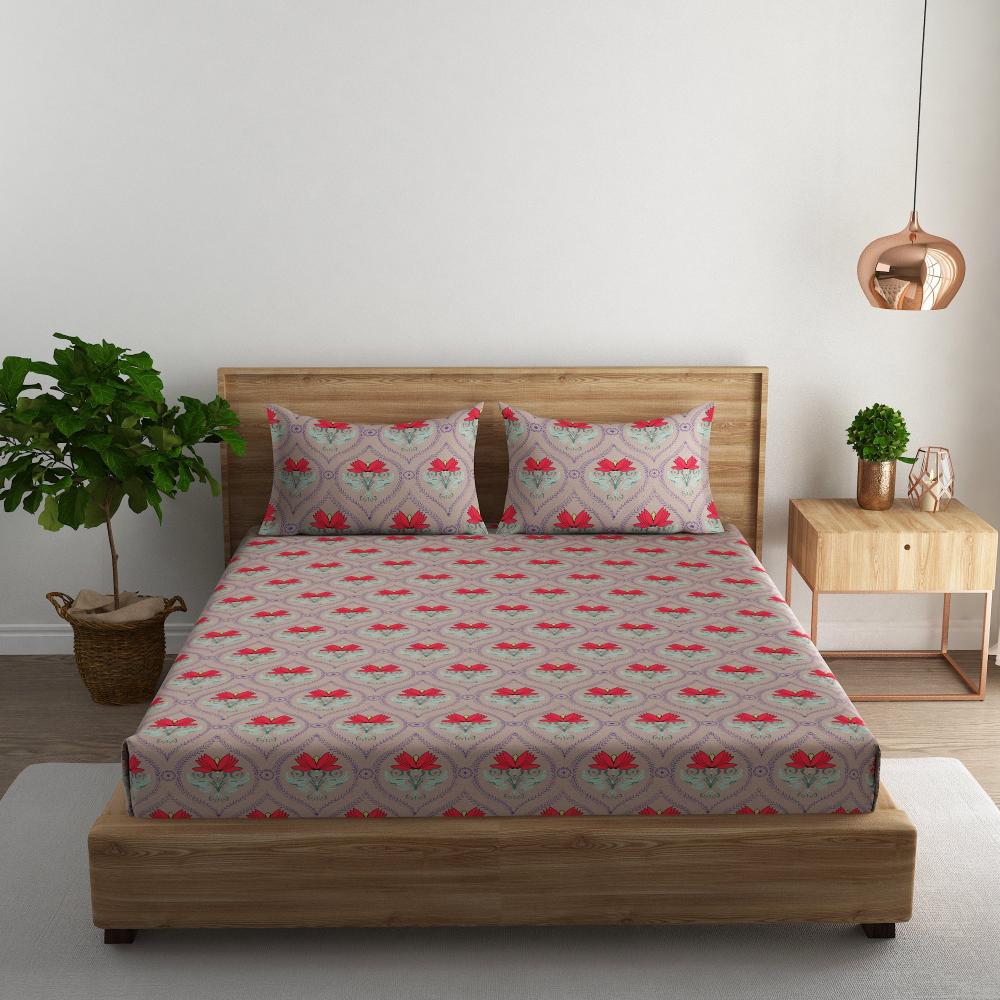 Floral damask cotton super king bedsheet with pillow covers