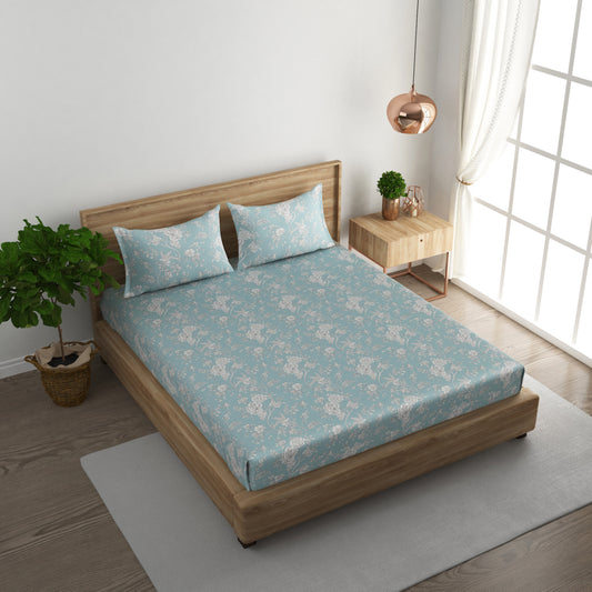 SKY BLUE FLORAL BEDSHEET (100X100) with 2 pillow cover