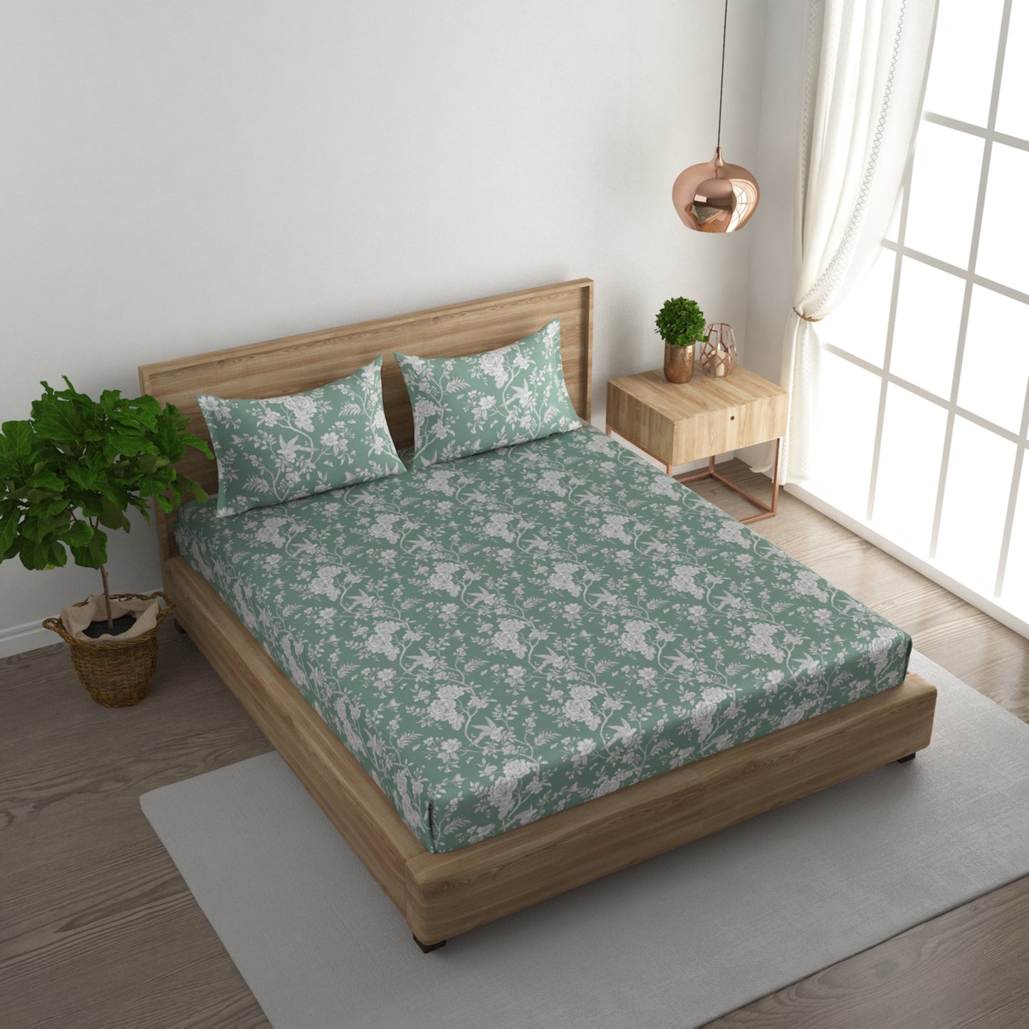 GREEN FLORAL  BEDSHEET (100X100)  with 2 pillow cover