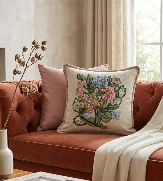 Embroidered Symphony of Flowers Cushion Cover