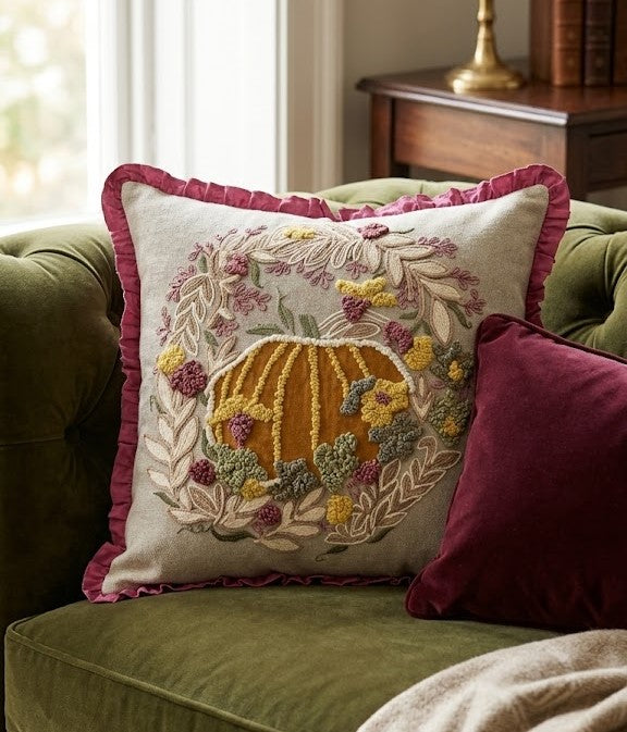 Harvest Bloom Embroidered Cushion Cover