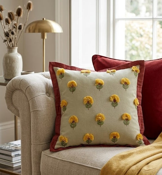 Marigold Bloom Embroidered Cushion Cover