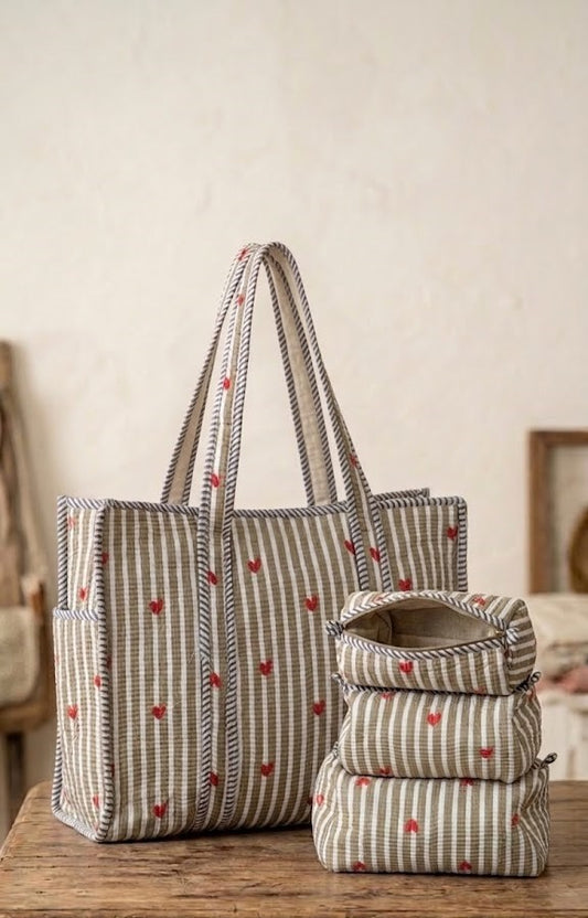 Heart striped Quilted Tote Bag & Quilted Set of 3 Pouches