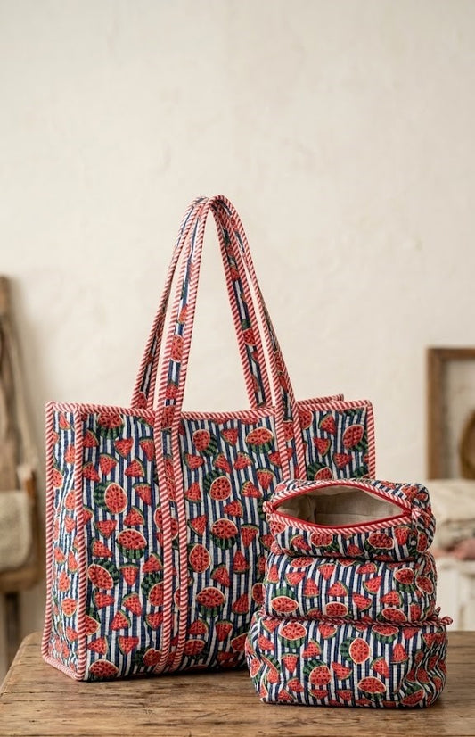 Watermelon striped  Quilted Tote Bag & Quilted Set of 3 Pouches