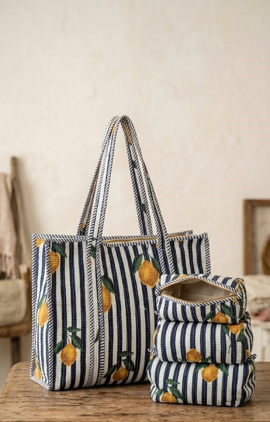 Striped lemon Quilted Tote Bag & Quilted Set of 3 Pouches