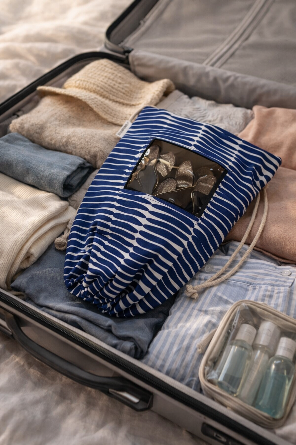 blue white stripe shoe bag
