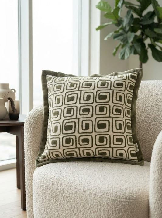 Geometric cushion cover (white and green) 16x16"