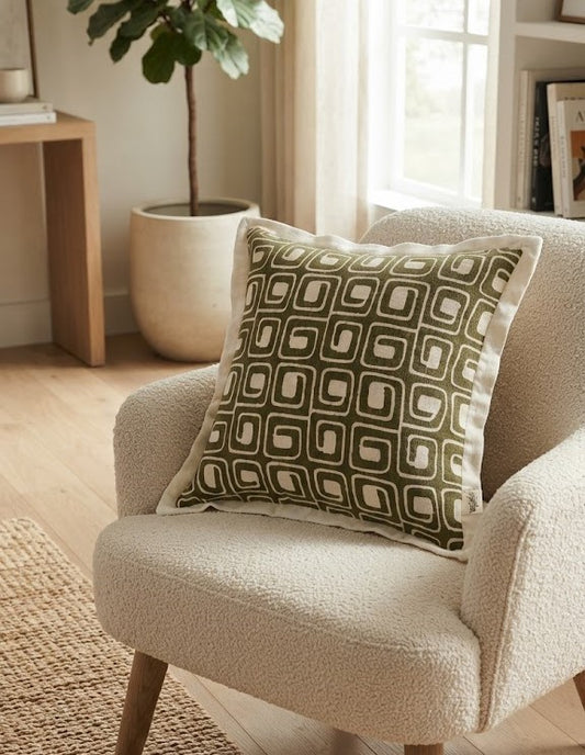 2 Geometric cushion cover ( green and off white)16x16"