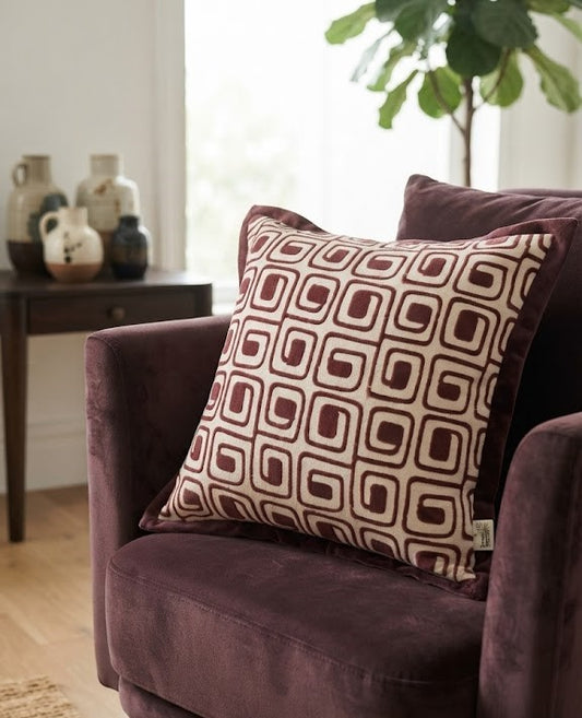 Geometric cushion cover (off white and red) 16x16"