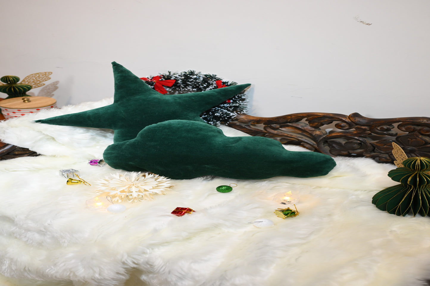 Green  velvet shape cushions ( star,cloud)