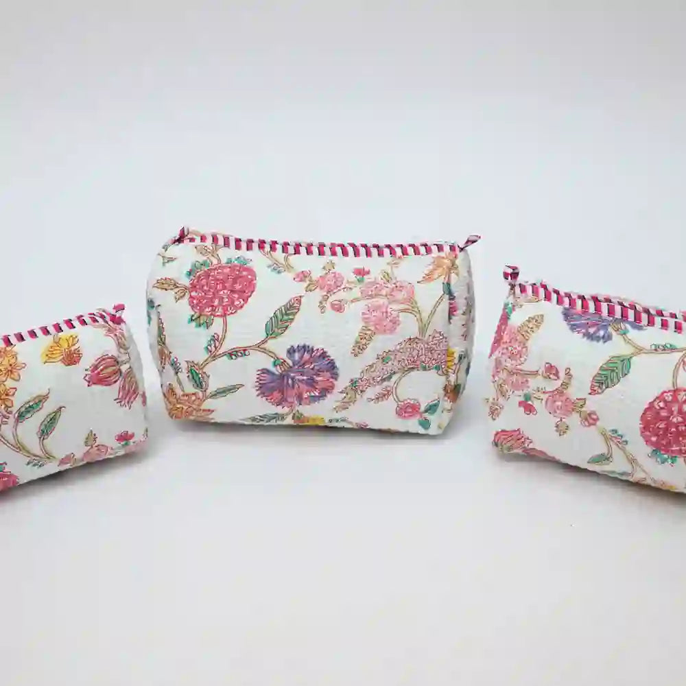 Pink & Peony  handblock printed & quilted travel pouch (Set of 3)