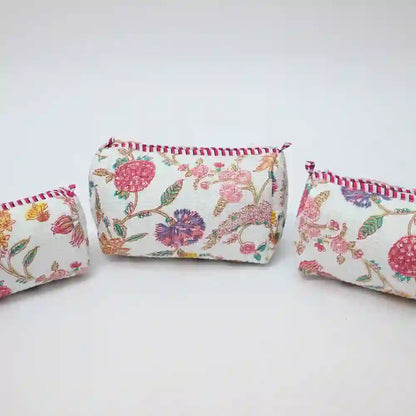 Pink & Peony  handblock printed & quilted travel pouch (Set of 3)