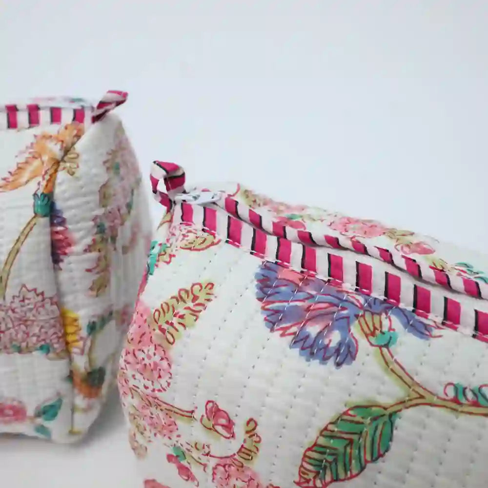 Pink & Peony  handblock printed & quilted travel pouch (Set of 3)
