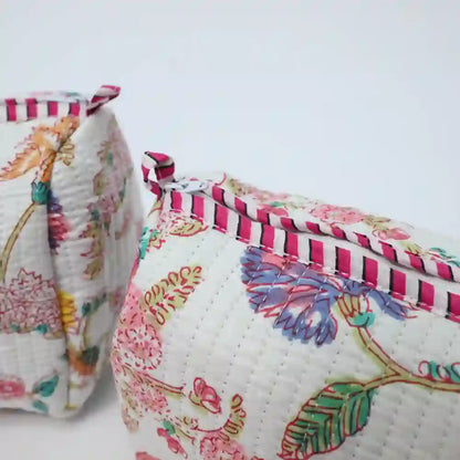 Pink & Peony  handblock printed & quilted travel pouch (Set of 3)