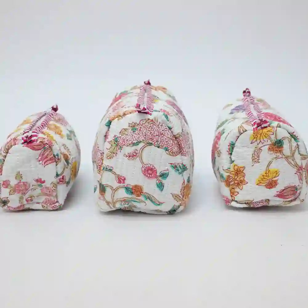 Pink & Peony  handblock printed & quilted travel pouch (Set of 3)