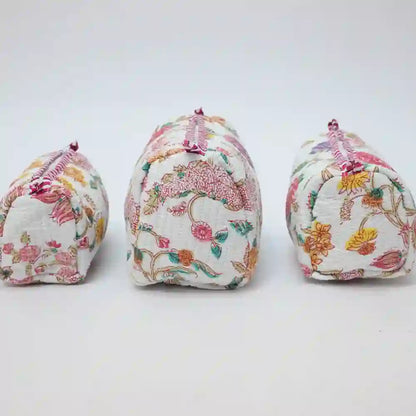 Pink & Peony  handblock printed & quilted travel pouch (Set of 3)