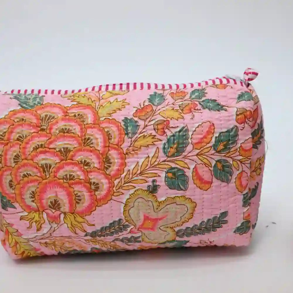 Pink Paradise handblock printed & quilted travel pouch (Set of 3)