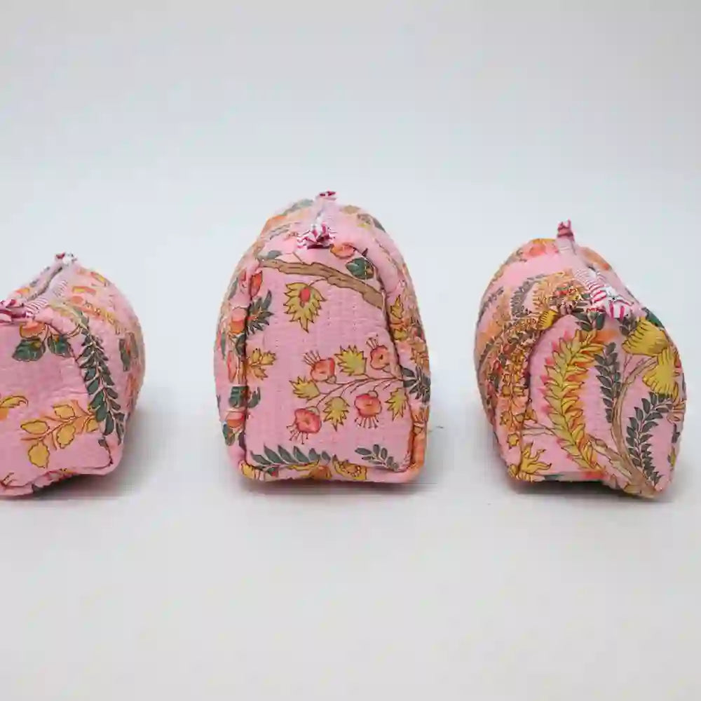 Pink Paradise handblock printed & quilted travel pouch (Set of 3)