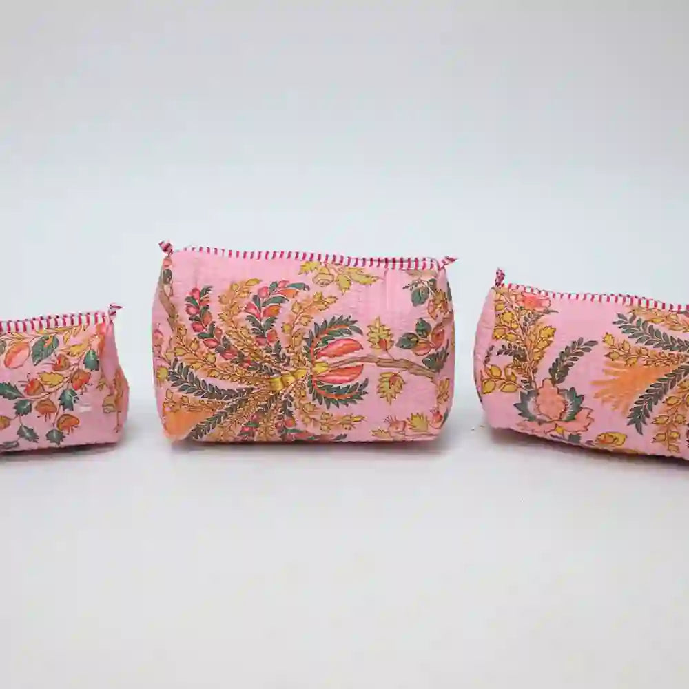 Pink Paradise handblock printed & quilted travel pouch (Set of 3)