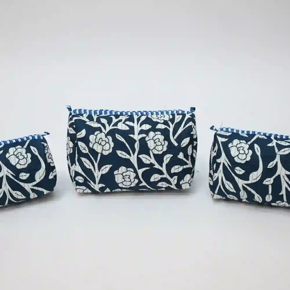 Midnight Blooms handblock printed & quilted travel pouch (Set of 3)