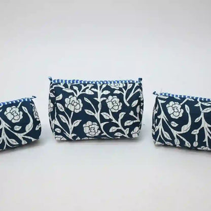 Midnight Blooms handblock printed & quilted travel pouch (Set of 3)