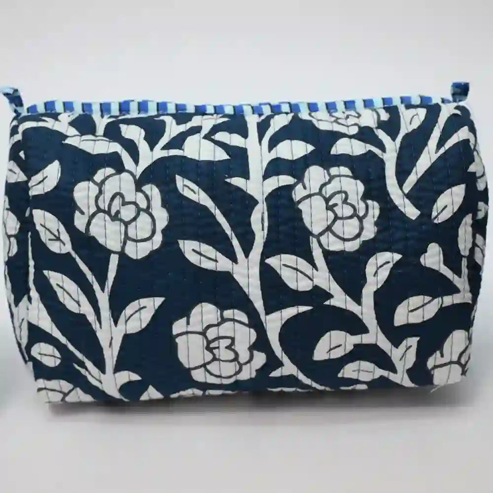 Midnight Blooms handblock printed & quilted travel pouch (Set of 3)