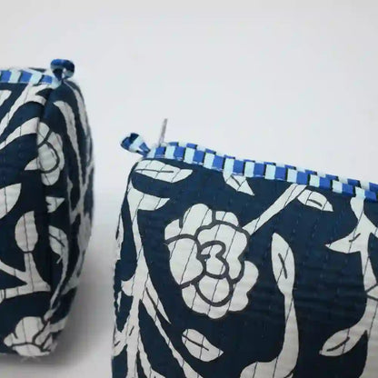 Midnight Blooms handblock printed & quilted travel pouch (Set of 3)