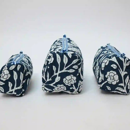 Midnight Blooms handblock printed & quilted travel pouch (Set of 3)