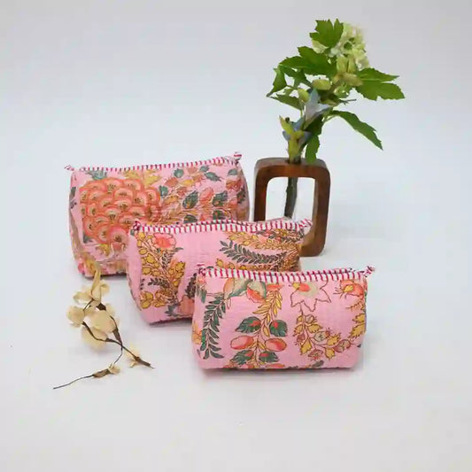 Pink Paradise handblock printed & quilted travel pouch (Set of 3)