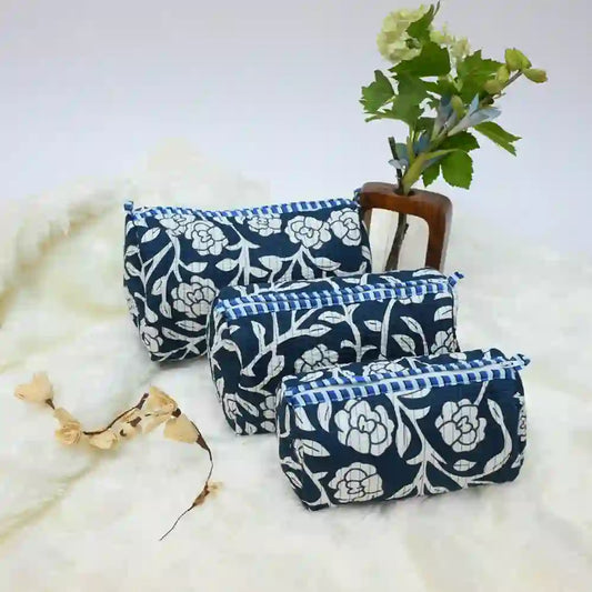 Midnight Blooms handblock printed & quilted travel pouch (Set of 3)