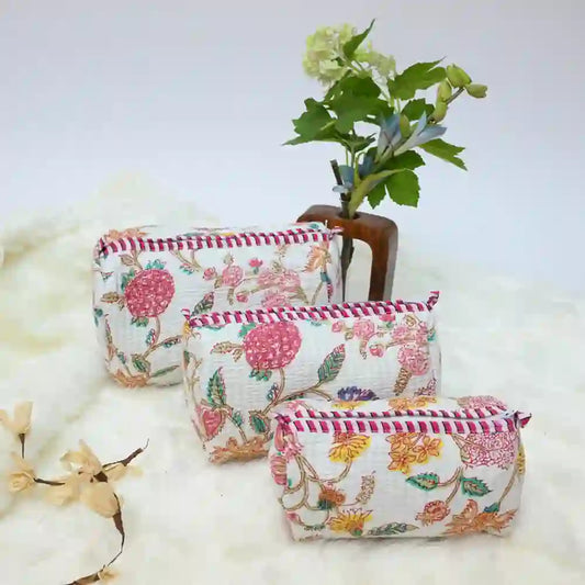 Pink & Peony  handblock printed & quilted travel pouch (Set of 3)