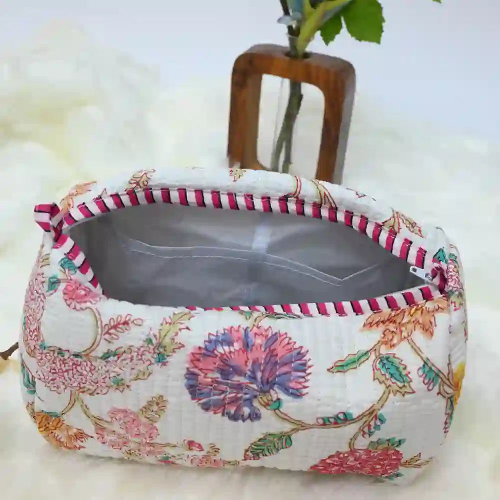 Pink & Peony  handblock printed & quilted travel pouch (Set of 3)
