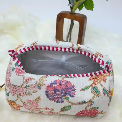 Pink & Peony  handblock printed & quilted travel pouch (Set of 3)