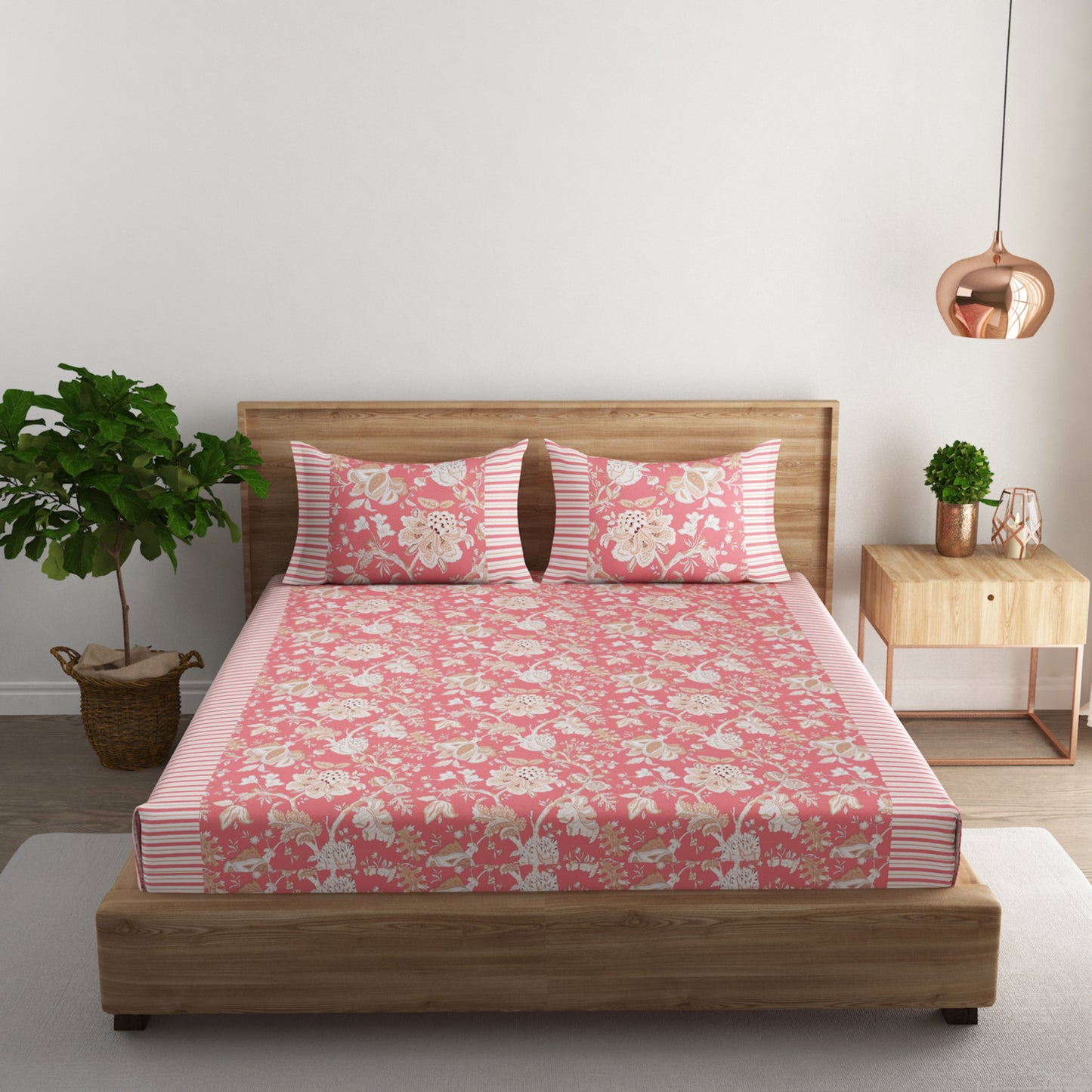 ORANGE FLORAL STRIPE BEDSHEET (100X100)  with 2 pillow cover