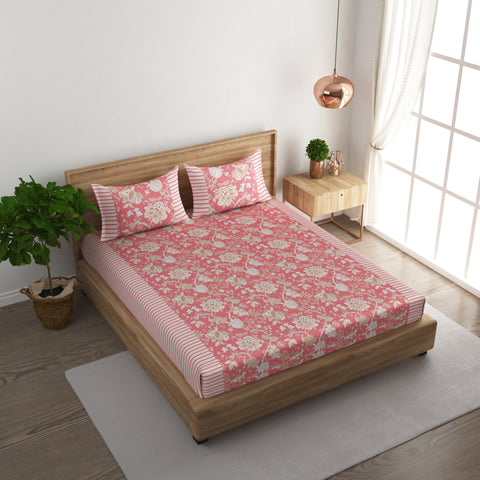 ORANGE FLORAL STRIPE BEDSHEET (100X100)  with 2 pillow cover