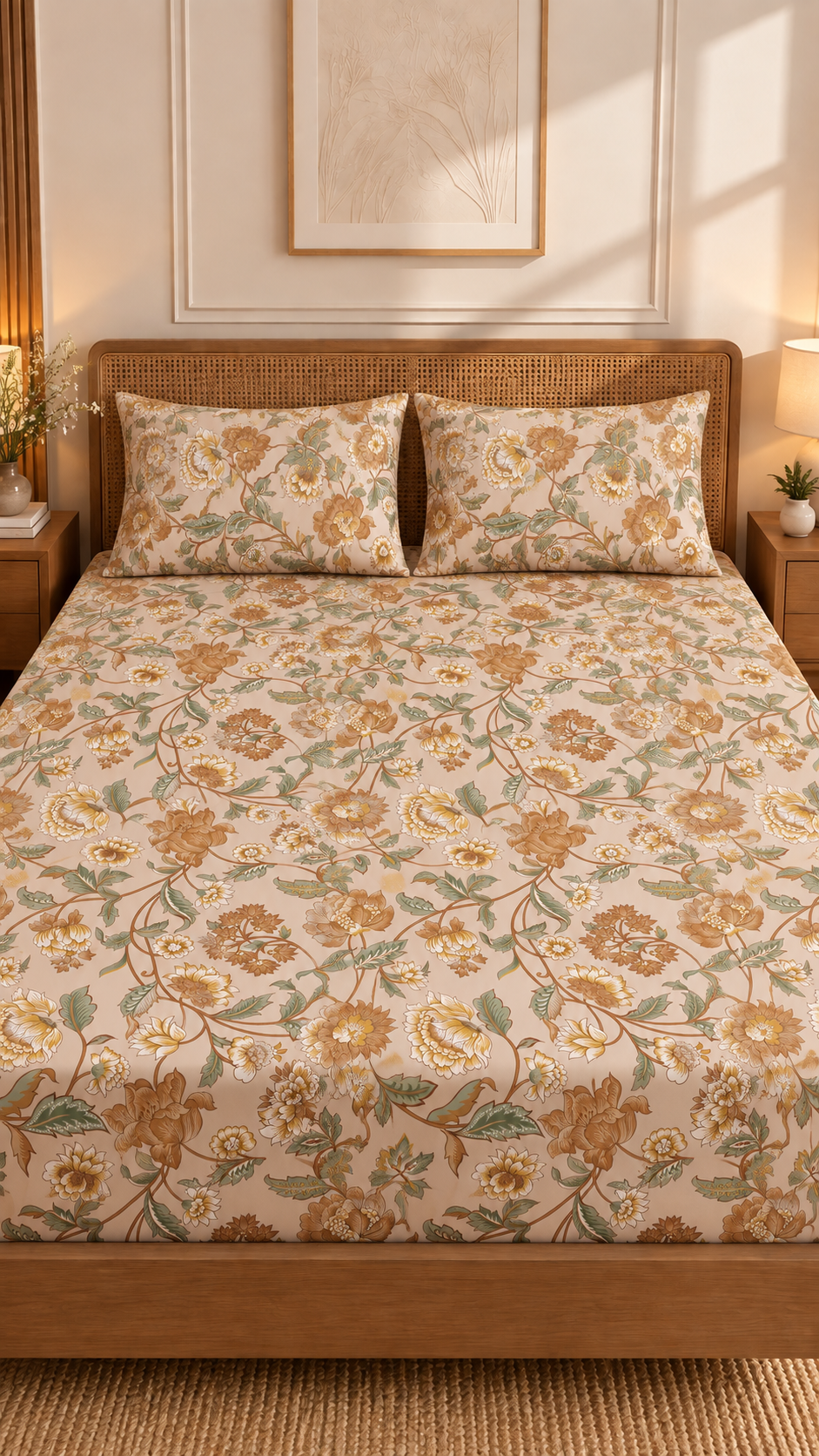 Floral print with 2 pillow cover beige 100x100"